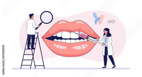 Dentist doctors analyzing lips with filler injection, modern cosmetic treatment for beauty and wellness