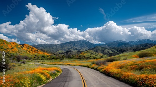 Explore california poppy fields and scenic mountain views along a winding road trip adventure today