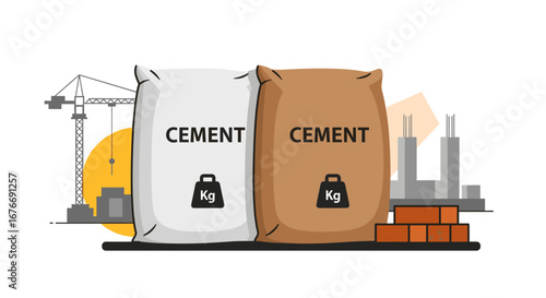 Cement bags ready for building construction with crane and bricks, perfect for architecture and engineering