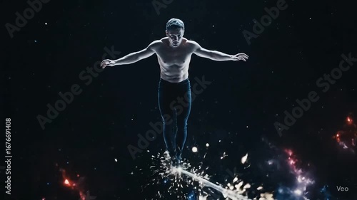 high risk concept. A man balances on a precarious tightrope, with objects flying around that could knock him down.