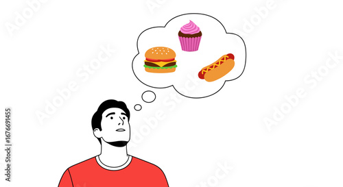 Hungry man dreaming of delicious fast food like burgers hotdogs and cupcakes for a tasty treat today