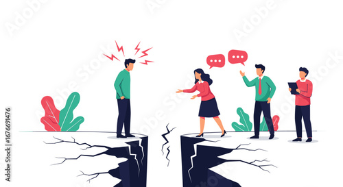 Frustrated employee facing team support overcoming crisis with communication and understanding, modern business team