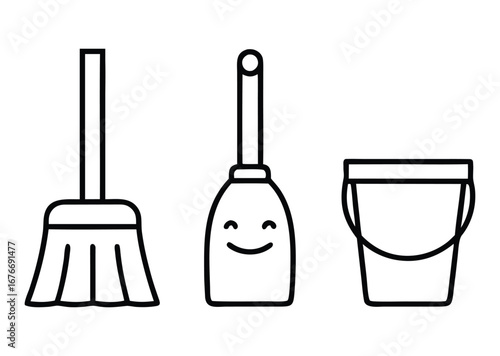 Broom, dustpan, and bucket cleaning tools isolated on a white background