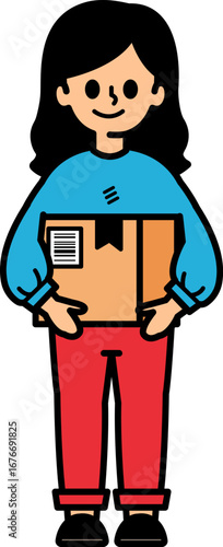 A woman is holding a parcel box