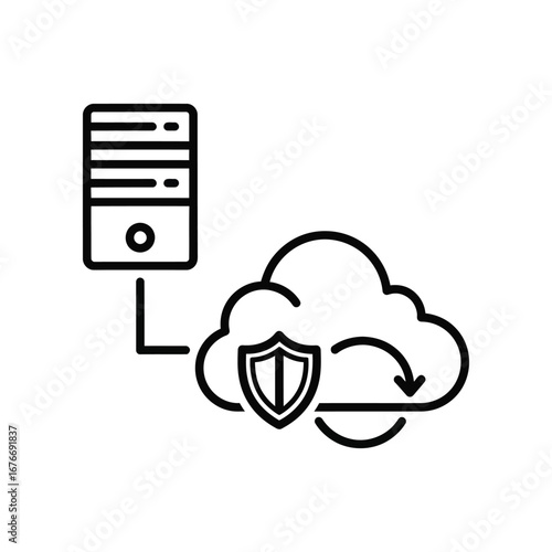 Cloud Security: A sleek, minimalist illustration depicts a robust server connected to a cloud, fortified with a security shield, representing secure data storage and digital protection.