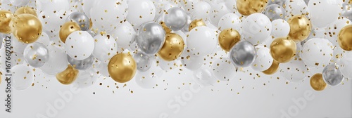 Gold, silver, and white balloons with confetti