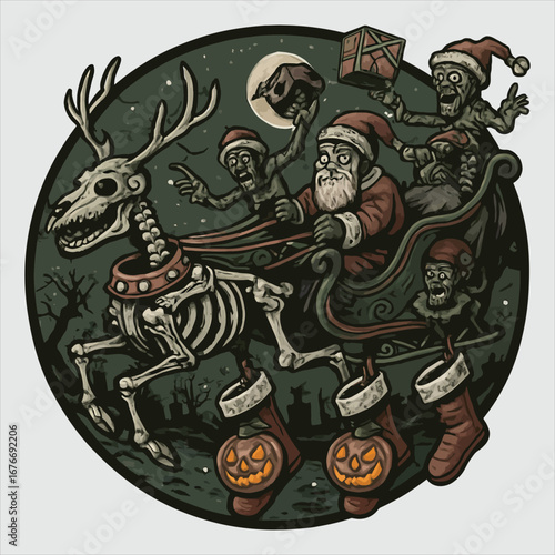 Vector art of santa claus and zombie reindeer sleigh ride