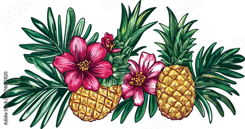 Vibrant tropical arrangement of pineapples exotic flowers and lush green palm leaves