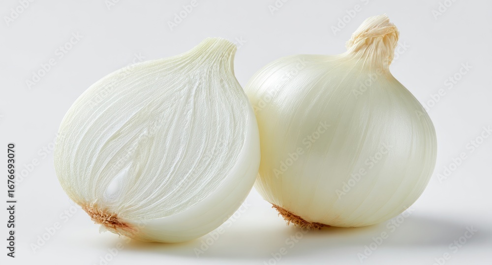 Obraz premium Two whole and half white onions, close-up