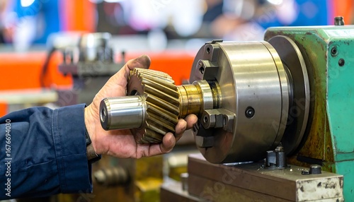 Industrial mechanic holding gear on lathe machine