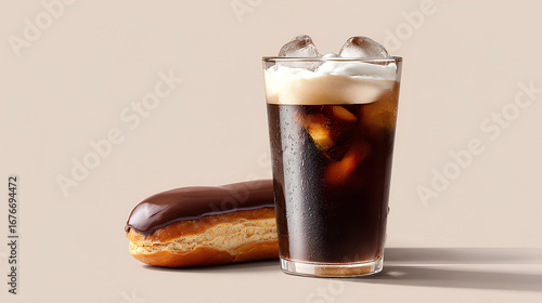 Iced espresso and chocolate eclair with soft shadows and blank background for custom design