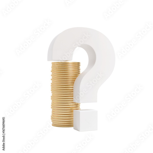 Uncertainty of Financial Wealth Represented by Question Mark Symbol Above Coin Stack