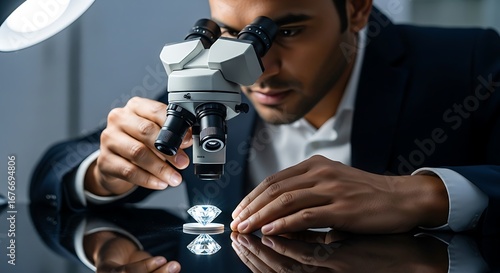 A man examines a diamond under a microscope
