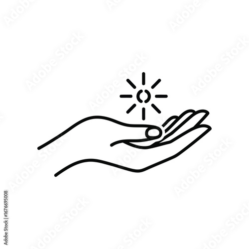 Offering Light: Minimalist line art depicting an outstretched hand cradling a radiant sun, symbolizing guidance, hope, and new beginnings.