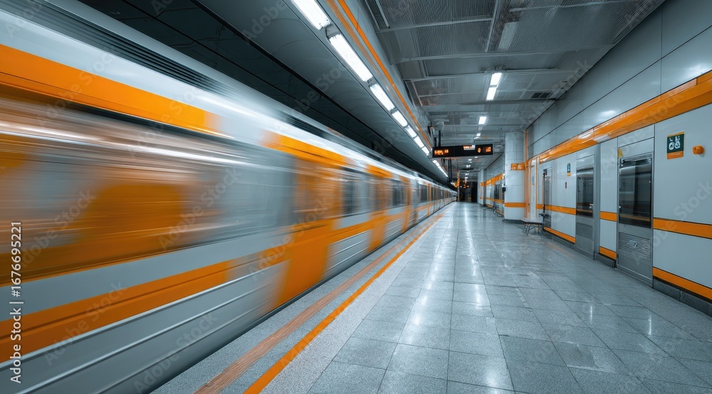 Fototapeta premium Subway train speeds through a modern station