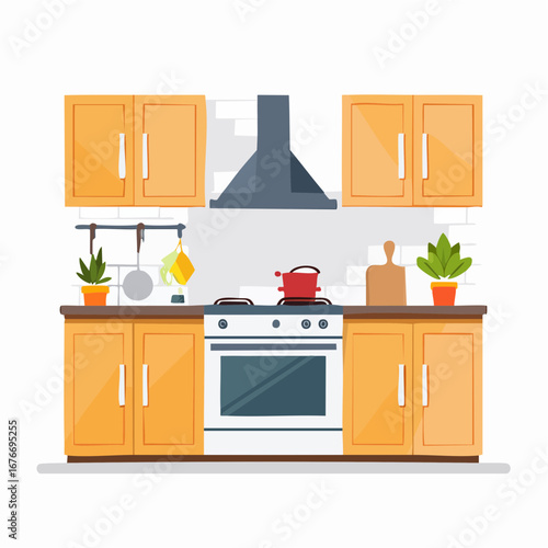 Illustration of a modern kitchen interior with cabinets, stove, and cooking utensils.