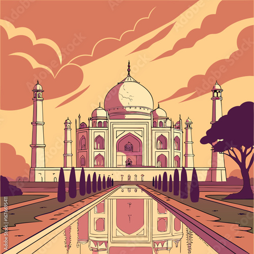 Taj Mahal's Serenity:  an artistic rendering captures the timeless beauty of the Taj Mahal, a monument of love. the symmetrical grandeur of the building reflected in the serene waters.