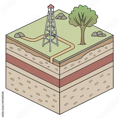 Oil Drilling Rig: A detailed illustration showcasing the intricacies of an oil drilling rig setup, highlighting geological layers and environmental landscape in a clear, informative manner.