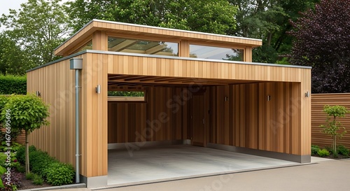 Contemporary wooden garage with a modern design.