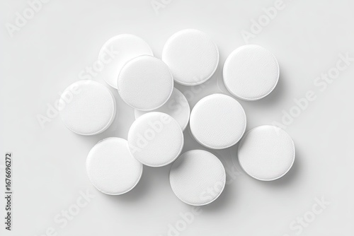 A cluster of round, white pills on a white surface
