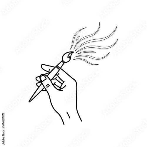 Artistic Expression: A minimalist drawing of an arm wielding a paintbrush, creating strokes in an illustrative representation of artistry and imagination. 