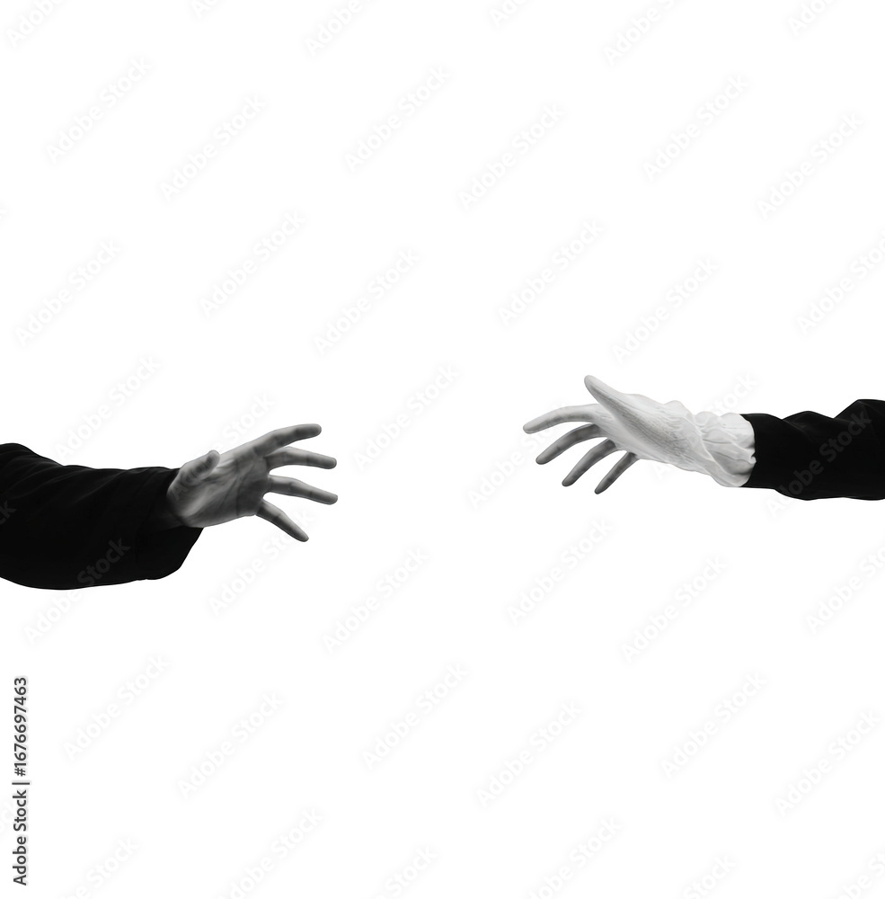 Naklejka premium Two gloved hands reaching to meet