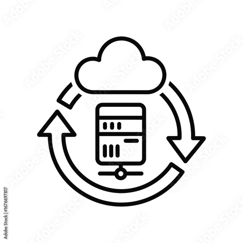 Cloud Server Synchronization: An eye-level view illustration featuring cloud server synchronization with arrows, conveying seamless digital data transfer and storage.