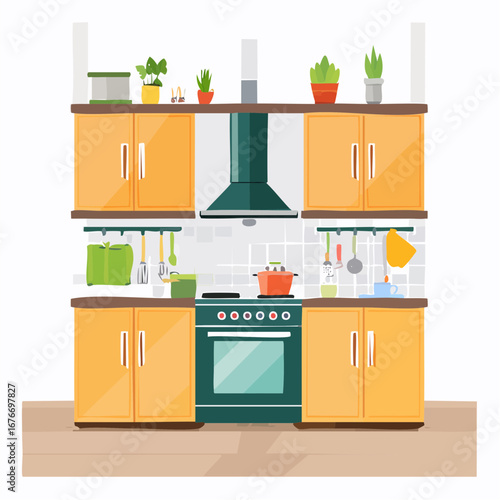Modern orange kitchen with green appliances and potted plants.