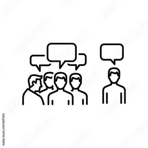 Dialogue in Echoes: A minimalist line drawing depicts a group of figures in a meeting with speech bubbles conveying conversational exchange. Evoking the essence of communication and idea sharing.