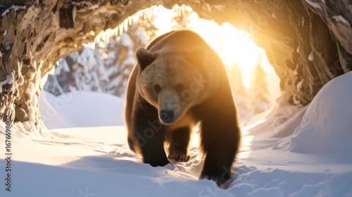 Majestic Brown Bear Walking in Snowy Winter Landscape