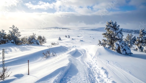 Wallpaper Mural Snow-covered landscape with winding path and distant hills under a bright sky Torontodigital.ca