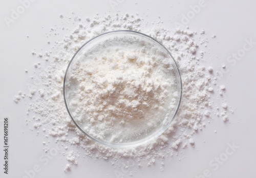 Clear glass petri dish filled with white powder, surrounded by scattered powder