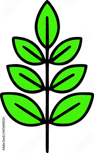 A simple illustration of a green plant stem with multiple leaves on a white background.