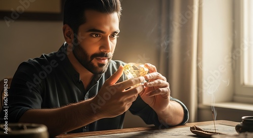 A man examining a luminous gem