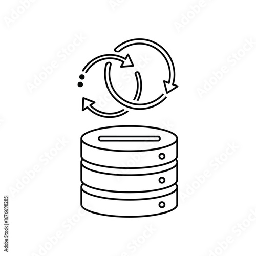 Data Processing Cycle: An elegant, minimalist depiction of a data server integrated with a dynamic circular process, embodying the perpetual transformation of information.