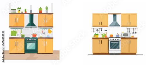 Two kitchen setups with cabinets, appliances, cookware, and plants, in a modern design.