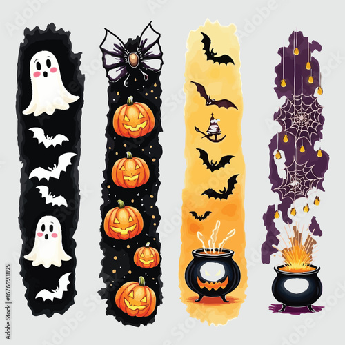 Vector art of halloween bookmarks with ghosts and pumpkins