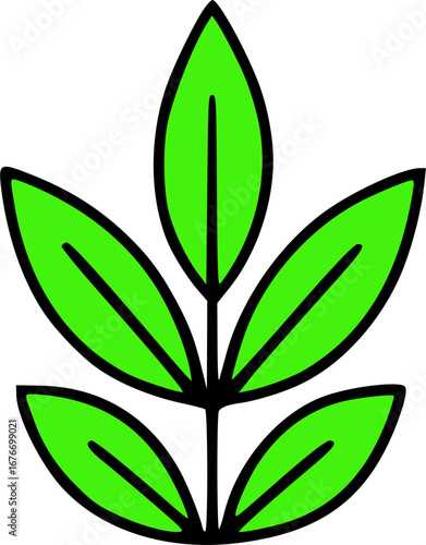 A simple illustration of a green plant with five leaves on a stem.