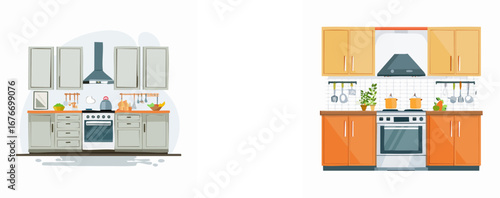 Two flat illustration designs of modern kitchen interiors, featuring cabinets, stoves, range hoods, and various kitchenware on countertops.