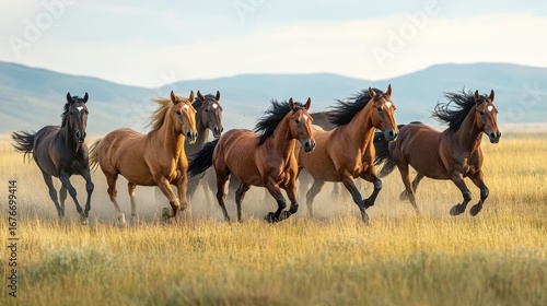 A dynamic group of horses galloping through a grassy landscape, showcasing their strength and beauty against a backdrop of rolling hills.