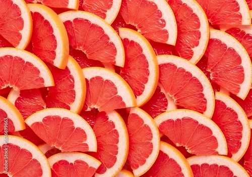 Vibrant juicy pink grapefruit slices arranged in a full frame showing fresh citrus segments