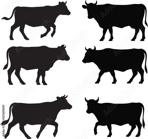 Six black cow silhouettes in different poses cattle