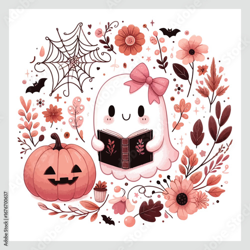 Vector art of cute halloween ghost reading a book