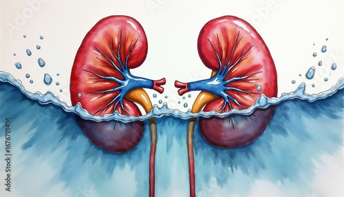 Illustration of kidneys submerged in water representing urinary incontinence, soft background