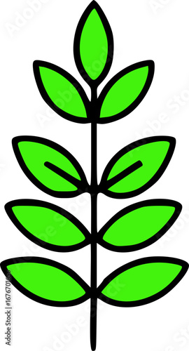 A simple illustration of a green plant stem with multiple leaves branching out symmetrically.
