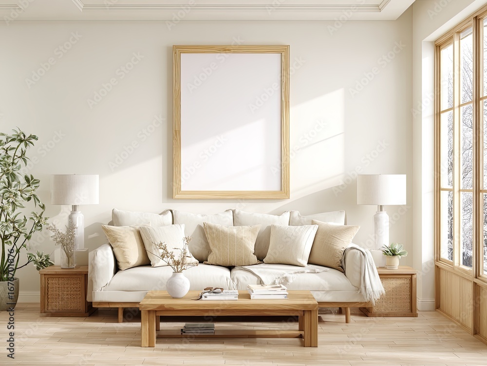 Fototapeta premium Cozy, sun-drenched living room with a blank framed canvas
