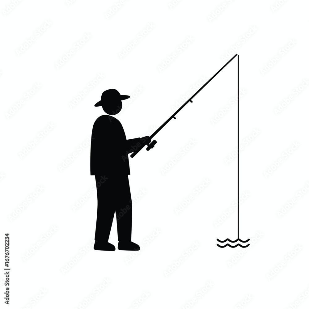 Obraz premium Silhouette of a fisherman with a fishing rod standing by the water.
