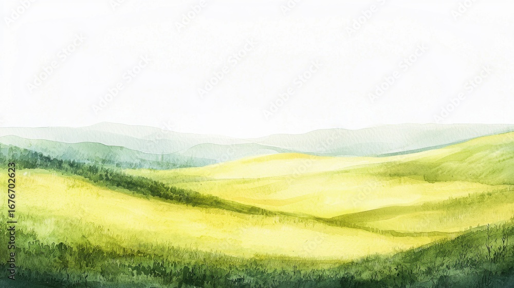Fototapeta premium Minimalist watercolor hills in yellow and green