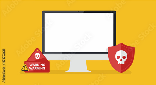 A computer monitor displaying a blank screen, accompanied by warning signs indicating a security threat.