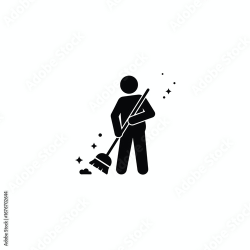 Illustration of a person sweeping the floor with a broom, cleaning.